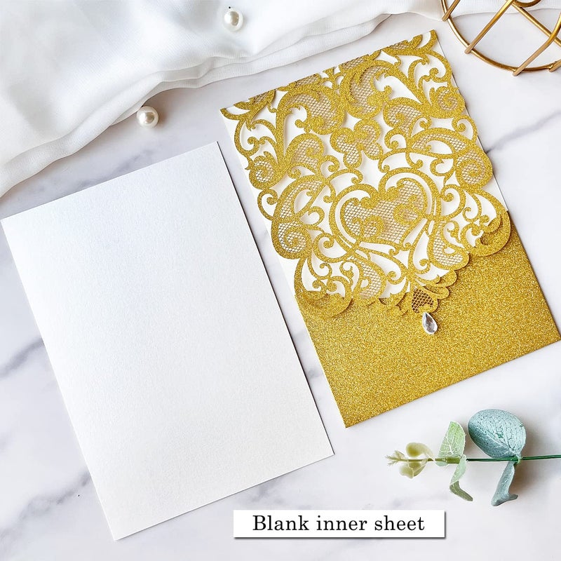 Hosmsua 50PCS Blank Wedding Invitation Cards 5 x 7.3 Inch Gold Laser Cut Hollow Heart Floral Invitation with Rhinestone pockets invitations for Engagement Quinceanera Invite (Gold Glitter) - Image 5